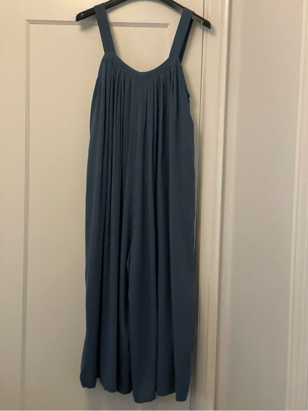 Sleeveless Wide-Strap Blue Jumpsuit with Flowing Pleats